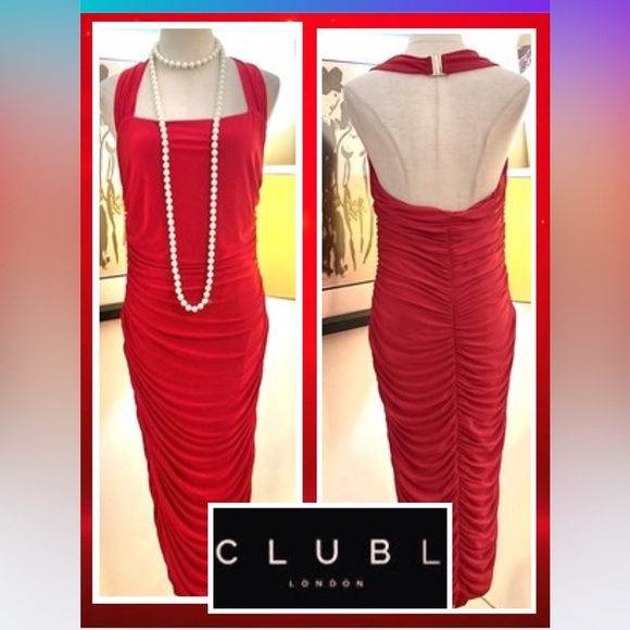 CLUB L LONDON| Letitia | Red Halter Neck Ruched Bodycon Midi Dress, EUC, Size 10 - Picture 2 of 15
